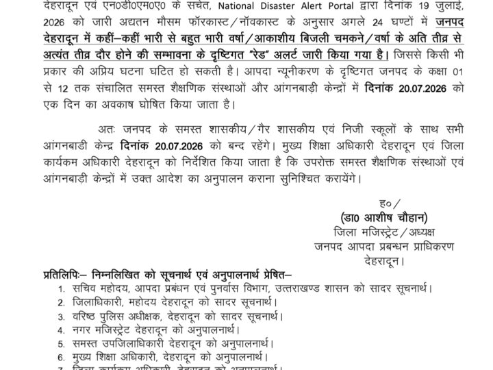 रेड अलर्ट के दृष्टिगत कल जनपद के सभी विद्यालय एवं आंगनबाड़ी केंद्र रहेंगे बंद।