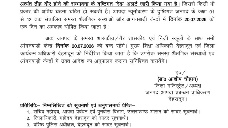 रेड अलर्ट के दृष्टिगत कल जनपद के सभी विद्यालय एवं आंगनबाड़ी केंद्र रहेंगे बंद।